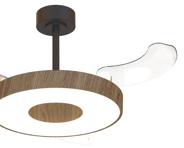 Mantra Iluminación Inteligentny wentylator sufitowy LED Coin, drewno/czerń, DC, cichy możliwość ściemniania, jasne drewno, salon / jadalnia, metal, nowoczesny