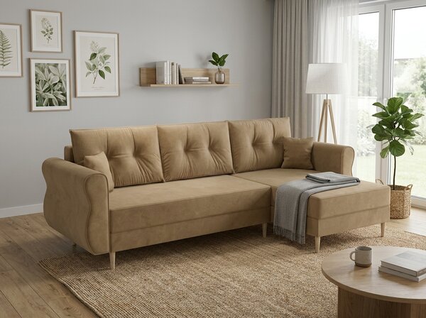 Rozkładana narożna sofa SILVIANO 230x140 cm, beżowa, uniwersalna