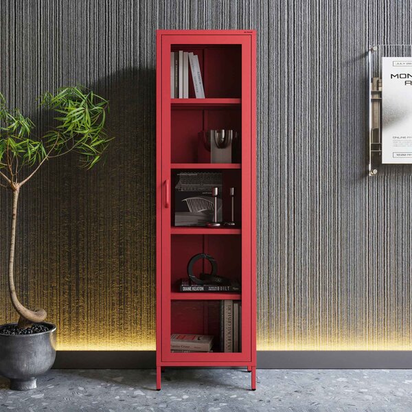 Witryna szklana do salonu wąska czerwona Modern LUIGI 500 x 1800 x 350 mm