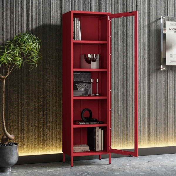 Witryna szklana do salonu wąska czerwona Modern LUIGI 500 x 1800 x 350 mm