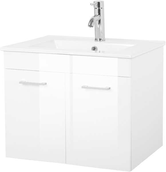 Biała szafka wisząca z ceramiczną umywalką, 60 cm szerokości