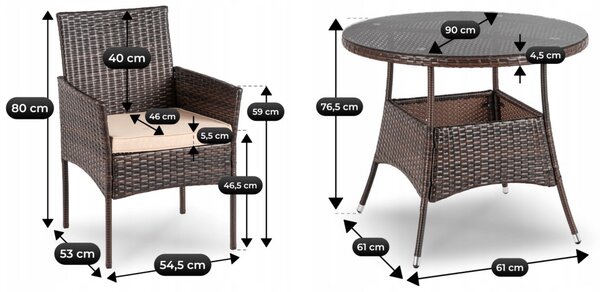 Zestaw mebli ogrodowych dla 4 osób Moreno - stół okrągły 90 cm i 4 krzesła, brązowy technorattan
