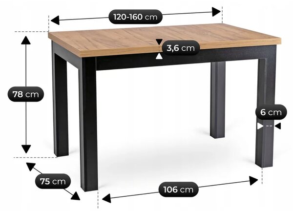 Stół Prostokątny Rozkładany SKUBI 120-160 cm Dąb Craft/Czarny Loft