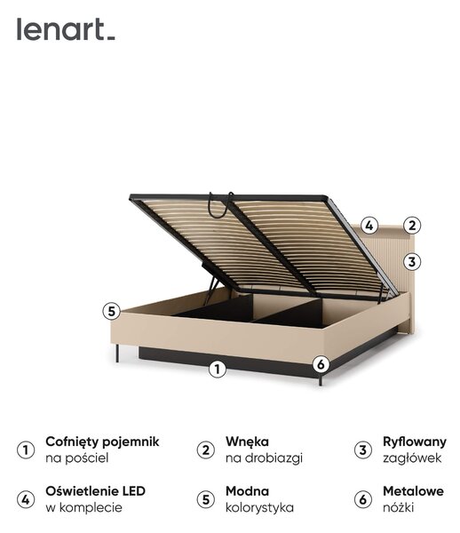 MebleMWM Łóżko z pojemnikiem TREND TS-03 | 160x200 | Oświetlenie LED | Beż piaskowy, czarny