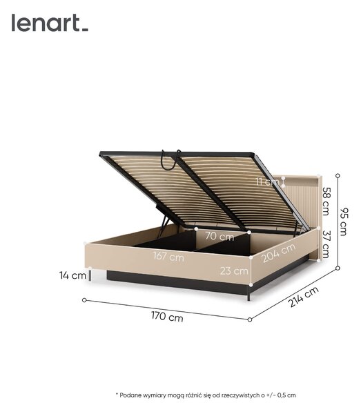 MebleMWM Łóżko z pojemnikiem TREND TS-03 | 160x200 | Oświetlenie LED | Beż piaskowy, czarny