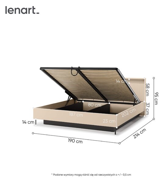 MebleMWM Łóżko z pojemnikiem TREND TS-03 | 180x200 | Oświetlenie LED | Beż piaskowy, czarny
