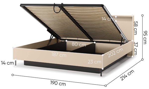 MebleMWM Łóżko z pojemnikiem TREND TS-03 | 180x200 | Oświetlenie LED | Beż piaskowy, czarny