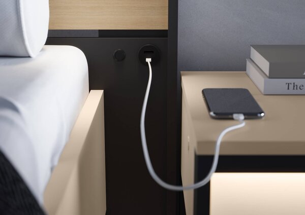 MebleMWM Łóżko z pojemnikiem ENNA EN-02 | 160x200 | Oświetlenie LED, Port USB | Beżowy, czarny, dąb vicenza