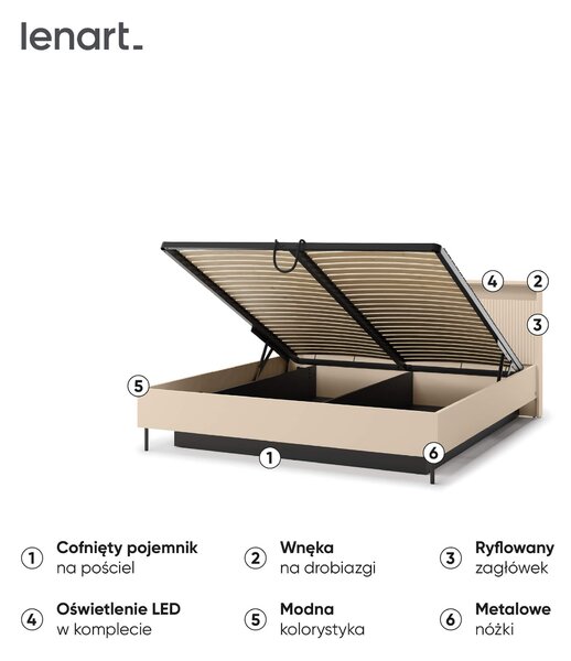 MebleMWM Łóżko z pojemnikiem TREND TS-03 | 180x200 | Oświetlenie LED | Beż piaskowy, czarny