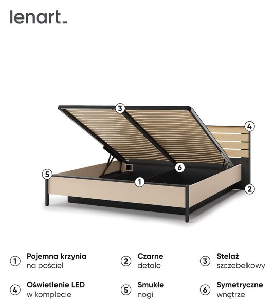 MebleMWM Łóżko z pojemnikiem ENNA EN-02 | 160x200 | Oświetlenie LED, Port USB | Beżowy, czarny, dąb vicenza
