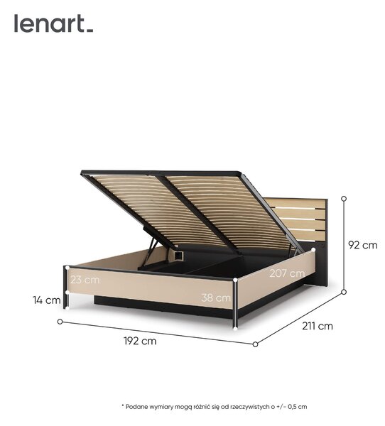 MebleMWM Łóżko z pojemnikiem ENNA EN-02 | 160x200 | Oświetlenie LED, Port USB | Beżowy, czarny, dąb vicenza