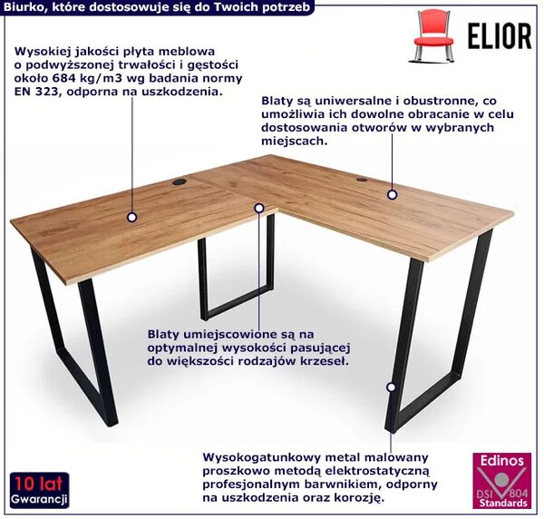 Loftowe biurko w kształcie litery L 90x180x60 dąb craft złoty P4-C70