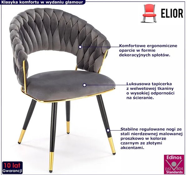 Krzesło welwetowe w stylu glamour popielaty + złoty R1-G15