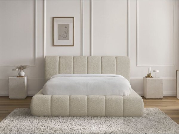 Beżowe tapicerowane łóżko dwuosobowe ze schowkiem i stelażem 140x190 cm Denali – Bobochic Paris