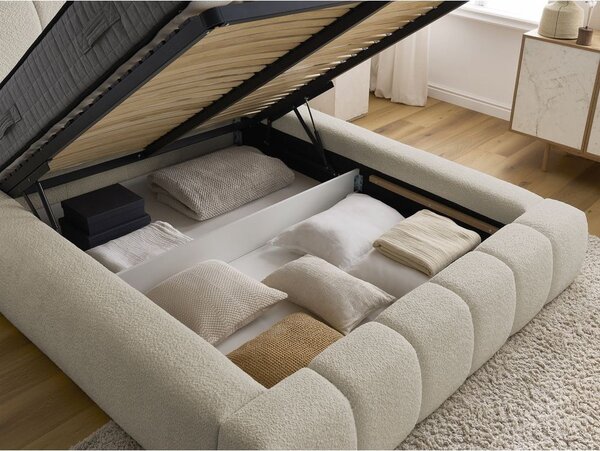 Beżowe tapicerowane łóżko dwuosobowe ze schowkiem i stelażem 140x190 cm Denali – Bobochic Paris