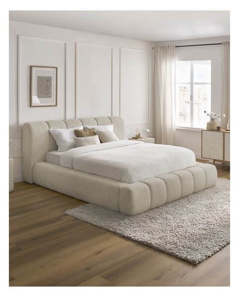 Beżowe tapicerowane łóżko dwuosobowe ze schowkiem i stelażem 140x190 cm Denali – Bobochic Paris