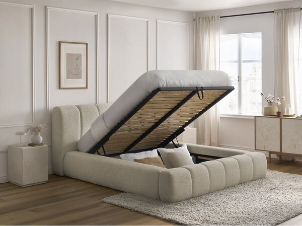 Beżowe tapicerowane łóżko dwuosobowe ze schowkiem i stelażem 140x190 cm Denali – Bobochic Paris