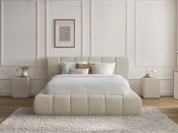 Beżowe tapicerowane łóżko dwuosobowe ze schowkiem i stelażem 140x190 cm Denali – Bobochic Paris