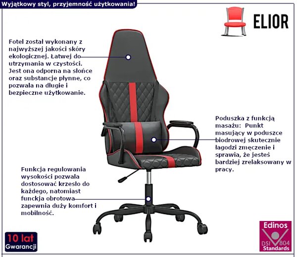 Czarno-czerwony masujący fotel gamingowy T4-D14