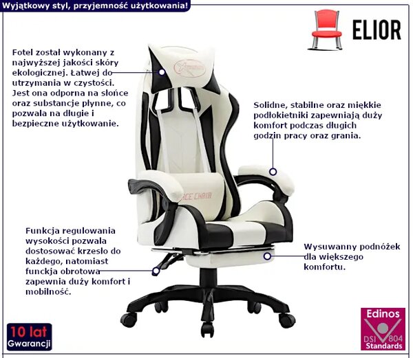 Biało-czarny fotel gamingowy z podnóżkiem M1-T78