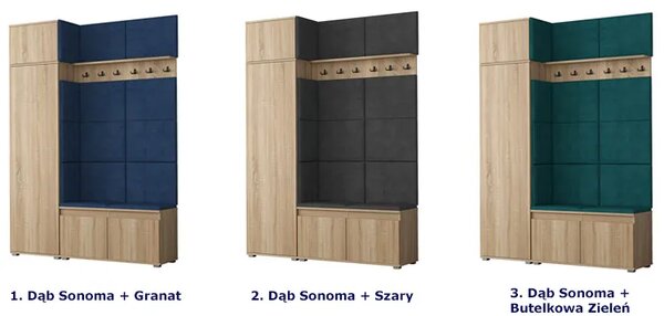 Szafa z siedziskiem tapicerowanym dąb sonoma + granat L5-T53