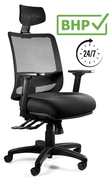 Krzesło do biura z zagłówkiem Saga Plus, czarny / tkanina BL418, zgodne z normą BHP
