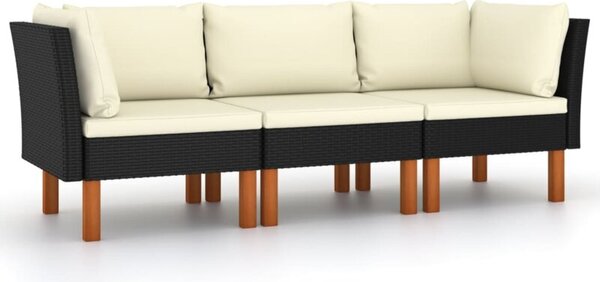 Sofa 3-osobowa ogrodowa z poduszkami, polirattan, czarna