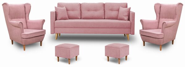 Komplet wypoczynkowy skandynawski do salonu sofa + 2 fotele z podnóżkami Różowy
