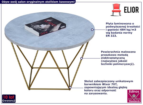 Okrągły stolik kawowy ze złotym stelażem beton L6-H11