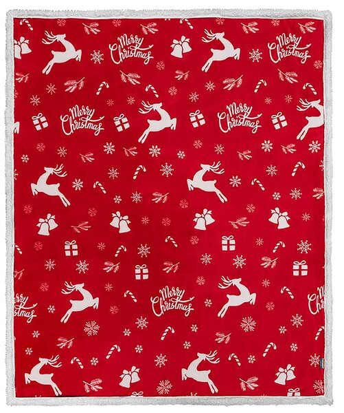 Świąteczny koc czerwony z mikropluszu z barankiem CANDY BELLS Rozmiar: 160 x 200 cm