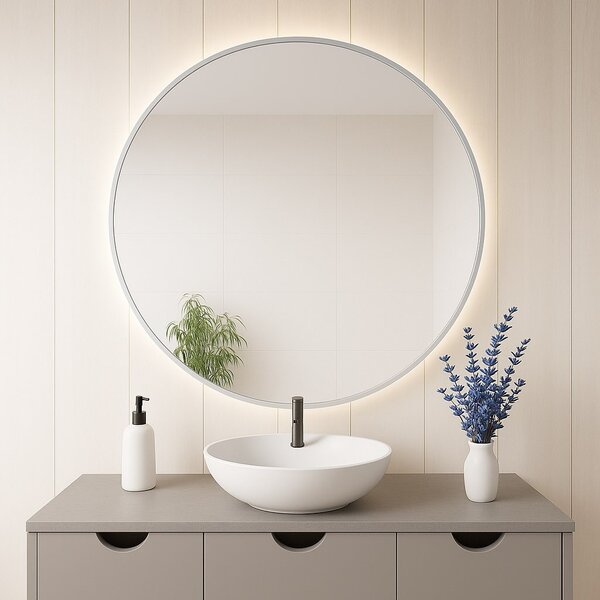 Lustro Okrągłe Led w Srebrnej Ramie 50 cm Neutralna Brak Brak