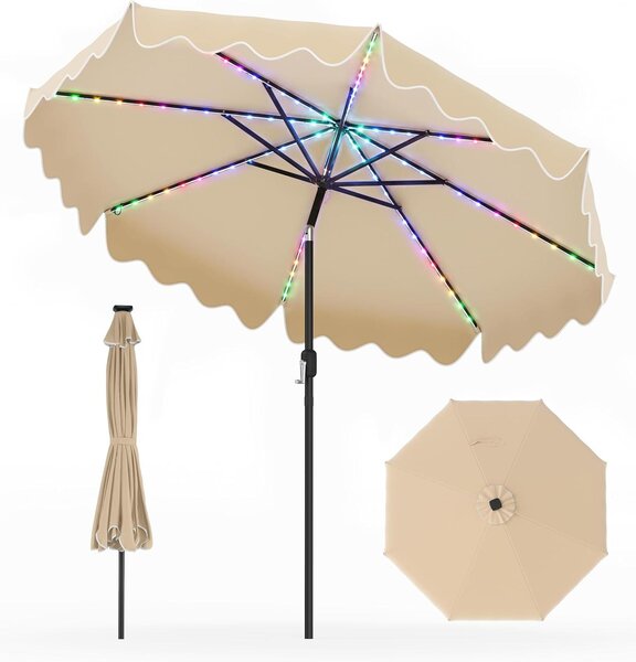 Parasol ogrodowy KOMFOTTEU, 280 cm, 104 diody LED, regulowany kt nachylenia, metalowa konstrukcja, ochrona przed promieniowaniem UV, mechanizm rozkadania za pomoc korby, idealny na taras i do ogrodu