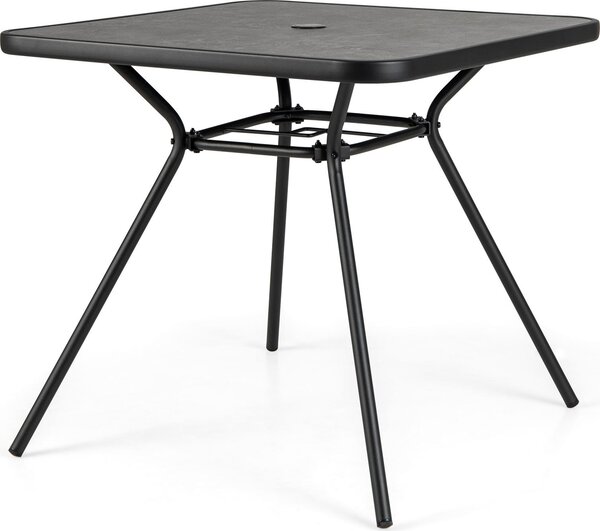 Kwadratowy stó ogrodowy z blatem SPC i otworem na parasol, solidna metalowa rama, stó do uytku na zewntrz, czarny, 80 x 80 x 72,5 cm