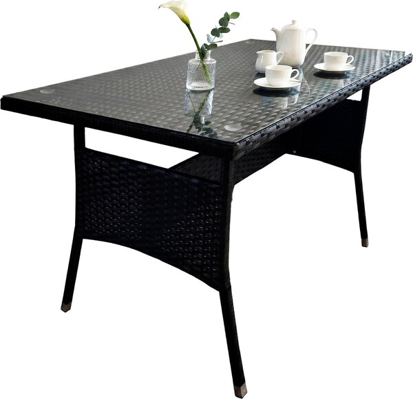 Stół ogrodowy Relaxdays, wys. x szer. x gł.: 70 x 100 x 60 cm, odporny na warunki atmosferyczne, z polirattanu, z blatem szklanym, stół do jadalni na ogród i balkon, czarny