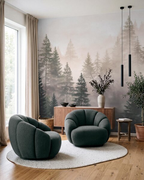 Fototapety Mglisty las iglasty w ciemnozielonych odcieniach, namalowany w stylu akwarelowym, Fototapety Natura, w09929 : Uwalls.pl