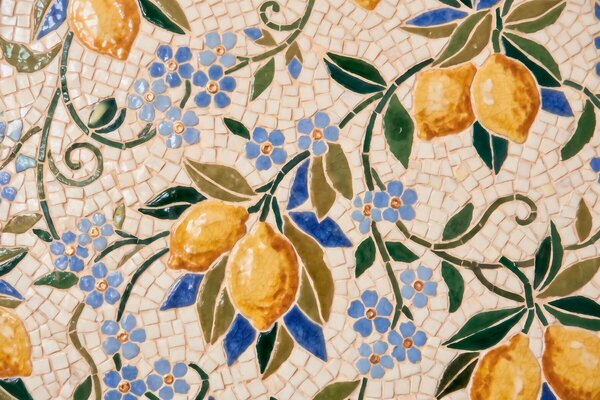 Fototapety Jasna kompozycja dekoracyjna w stylu mozaiki ceramicznej, przedstawiająca soczyste cytryny,, Fototapety Prowansja, w09948 : Uwalls.pl