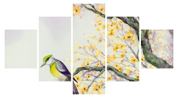 Obraz - Akwarelowy ptaszek na drzewie (125x70 cm)