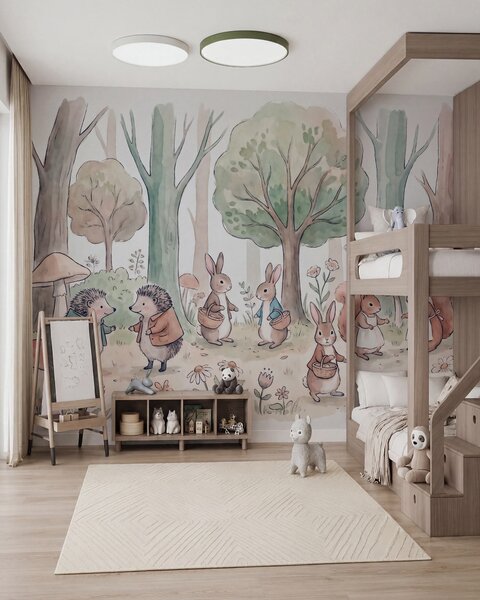 Fototapety Bajkowe leśne zwierzęta w lesie, namalowane w stylu akwarelowym, Fototapety Dziecięce, Fototapety las dla dzieci, w09951 : Uwalls.pl