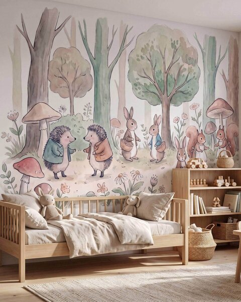 Fototapety Bajkowe leśne zwierzęta w lesie, namalowane w stylu akwarelowym, Fototapety Dziecięce, Fototapety las dla dzieci, w09951 : Uwalls.pl