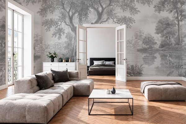 Fototapety Szara leśna sceneria z czaplą nad jeziorem, Fototapety z motywami natury, w05805v1 : Uwalls.pl