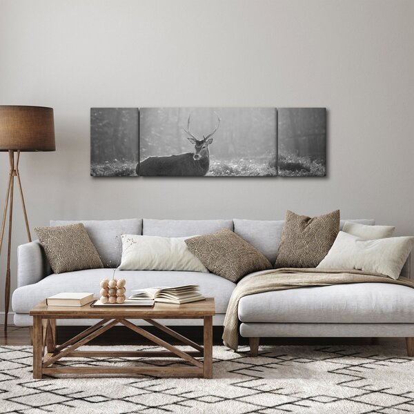Obraz - Jeleń w lesie, czarno - biały (170x50 cm)