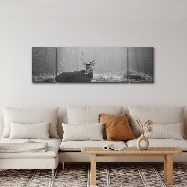 Obraz - Jeleń w lesie, czarno - biały (170x50 cm)
