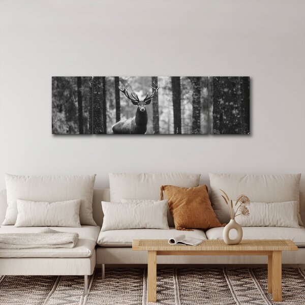 Obraz - Jeleń w lesie 2, czarno - biały (170x50 cm)