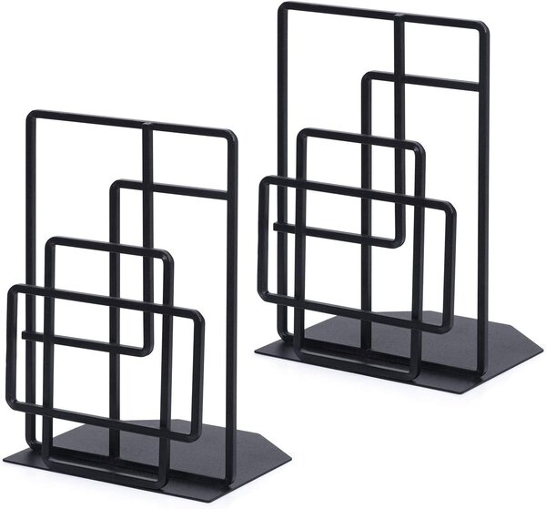 Metalowe podkładki do książek, geometryczny design, 1 para, czarne, antypoślizgowe, odporne na zarysowania, do półek