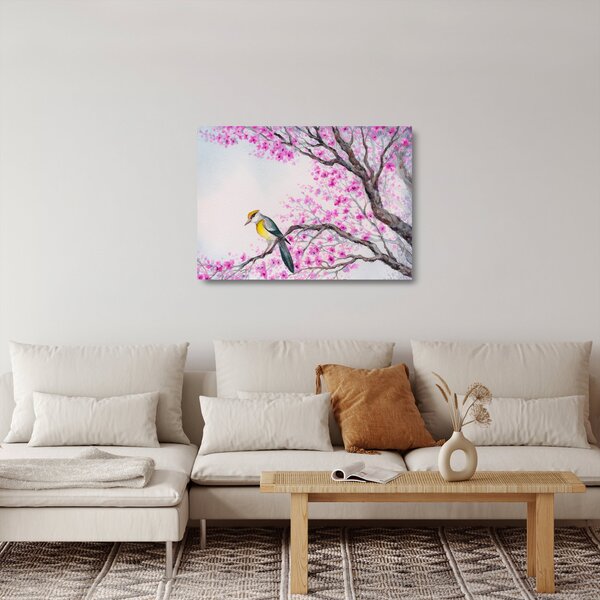 Obraz na szkle - ptak na drzewie z różowymi kwiatami (70x50 cm)