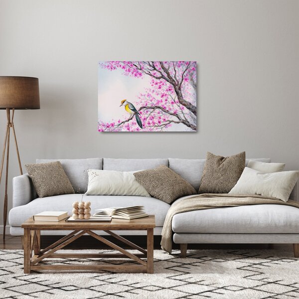 Obraz na szkle - ptak na drzewie z różowymi kwiatami (70x50 cm)