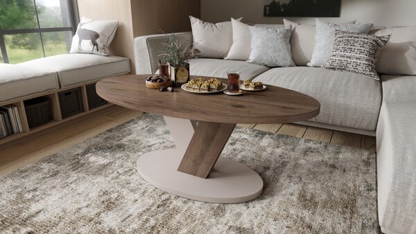 LOVA Orzech Elegant/Beż Taupe - OWALNA ŁAWA 110x60 cm NOWOCZESNY STOLIK KAWOWY