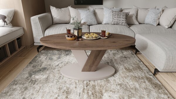 LOVA Orzech Elegant/Beż Taupe - OWALNA ŁAWA 110x60 cm NOWOCZESNY STOLIK KAWOWY