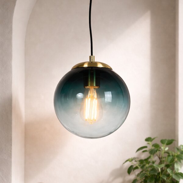 Lampa wisząca w stylu art deco mosiądz z oceanicznym niebieskim szkłem 20 cm - Pallon