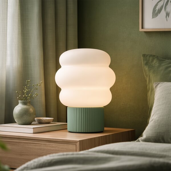 Lampa stołowa Japandi zielona ze szkłem opalowym 18 cm - Kumo